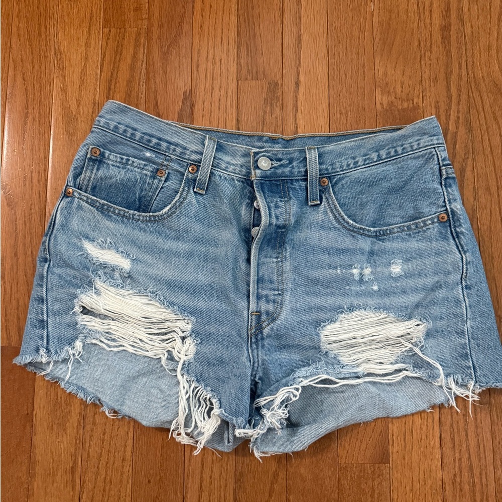 Levi's 501 Light Blue Distressed High Waist Denim Shorts